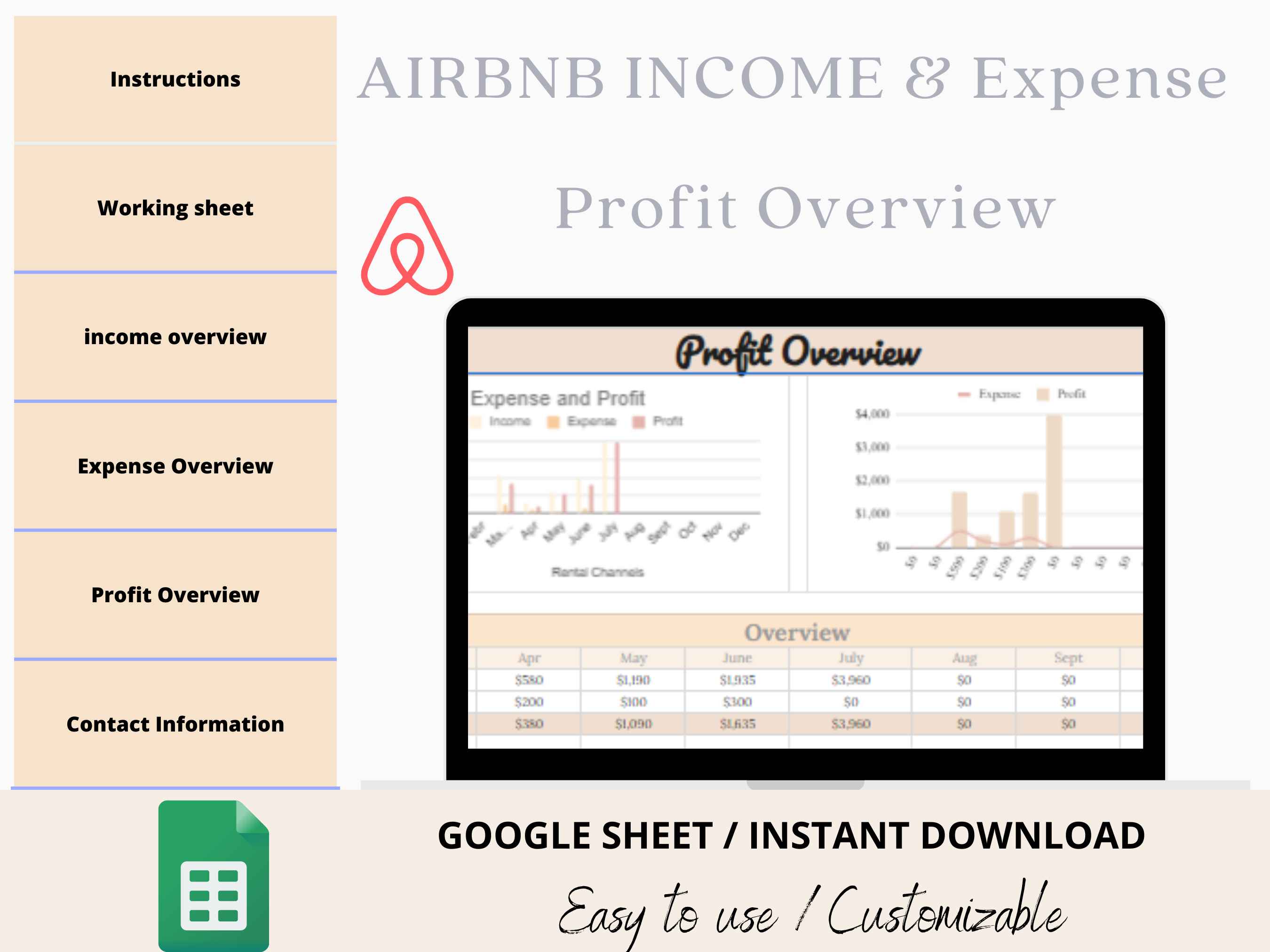 Customizable Airbnb Income & Expense Google Sheets